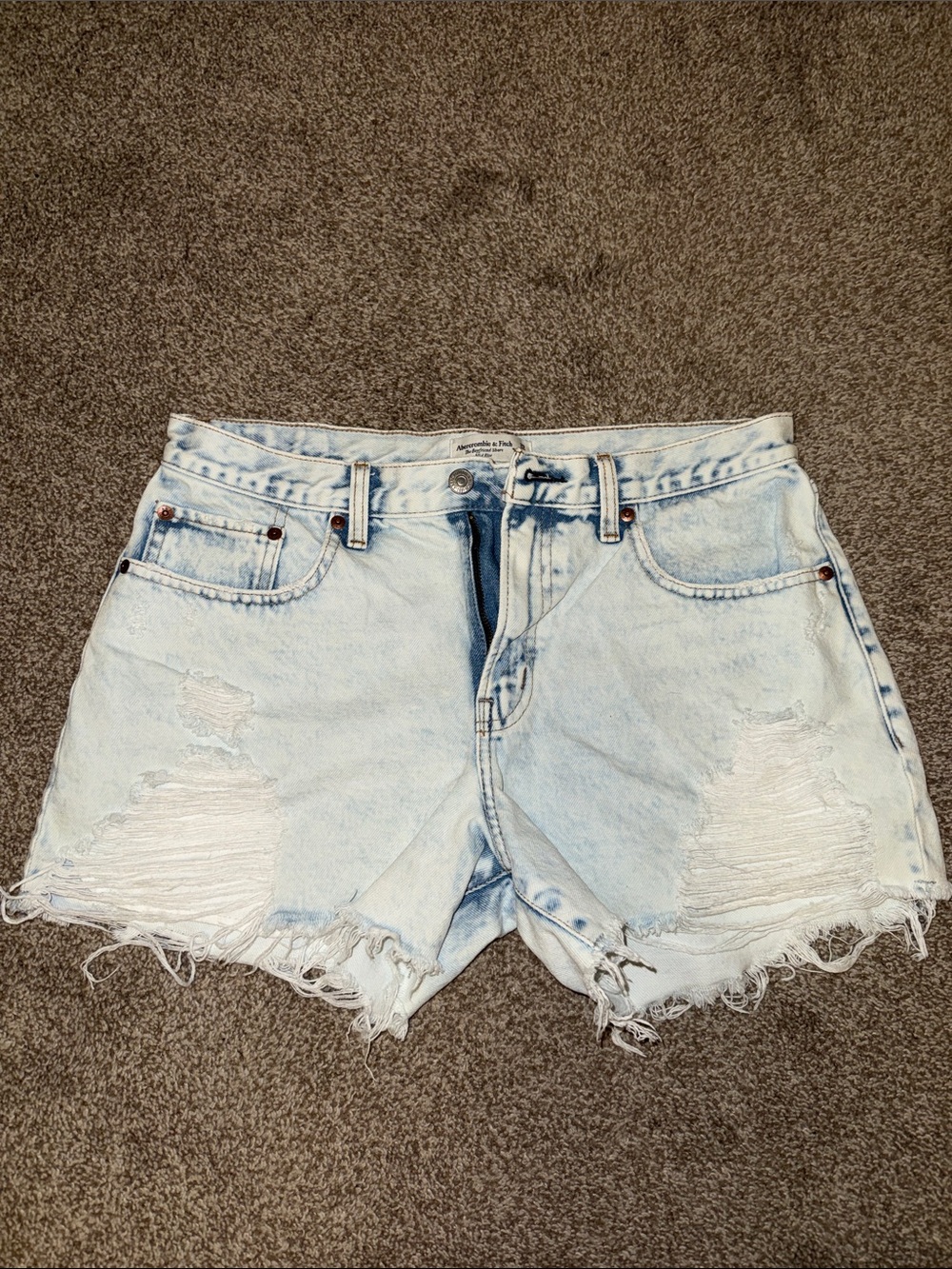 Abercrombie & Fitch The Boyfriend Mid Rise Light Blue Distressed Denim Shorts
